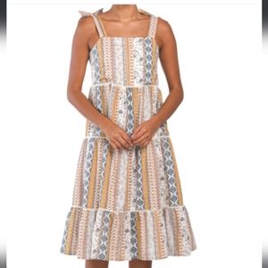 Lucky Brand Floral Stripe Shoulder Tie Smock Tiered Dobby Cotton Midi Dress